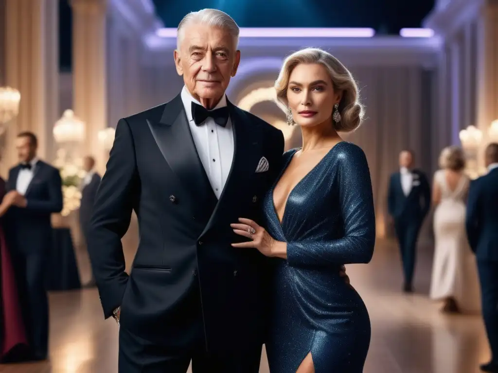 Estilo y elegancia: Pareja mayor deslumbra en evento de lujo Vestuario senior para ocasiones especiales: Pareja elegante en un evento lujoso, derrochando estilo y elegancia atemporal