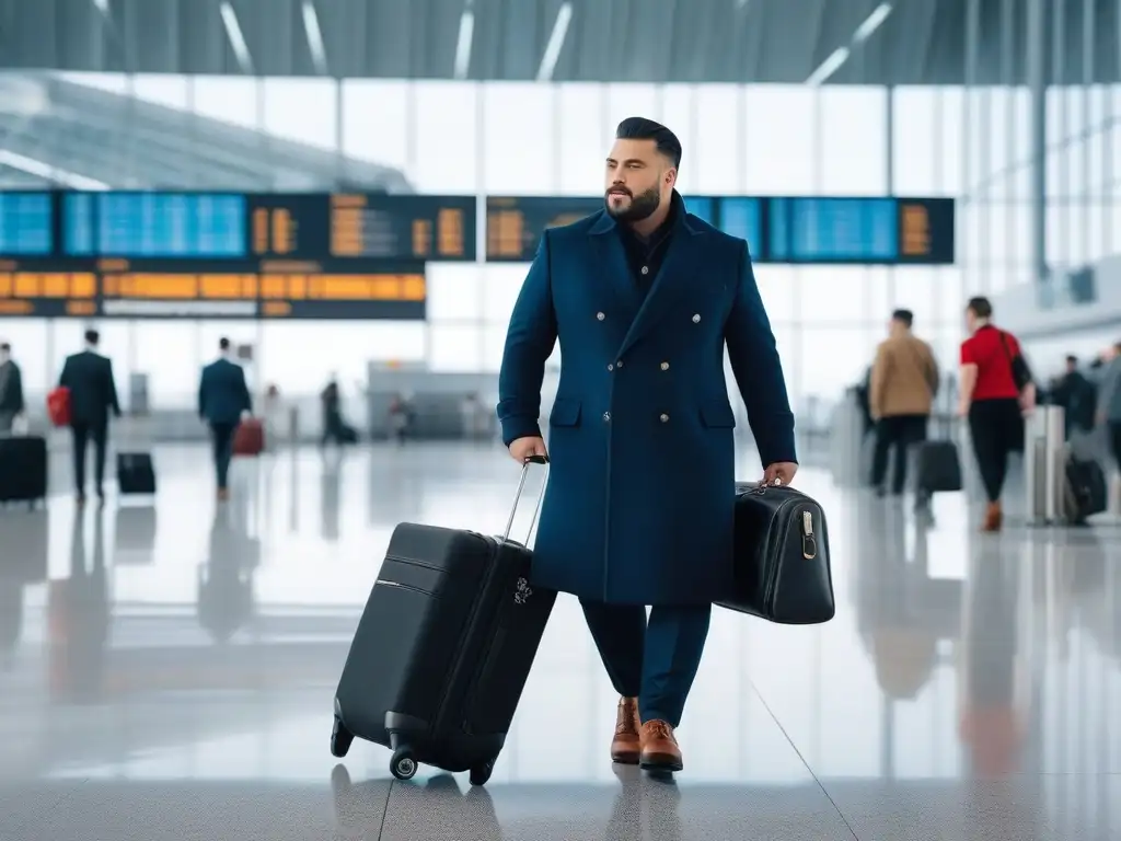 Viajera plus size con estilo y equipaje espacioso en aeropuerto moderno Una viajera de tallas grandes con estilo, segura de sí misma, camina por el aeropuerto con un elegante y espacioso equipaje diseñado para su comodidad