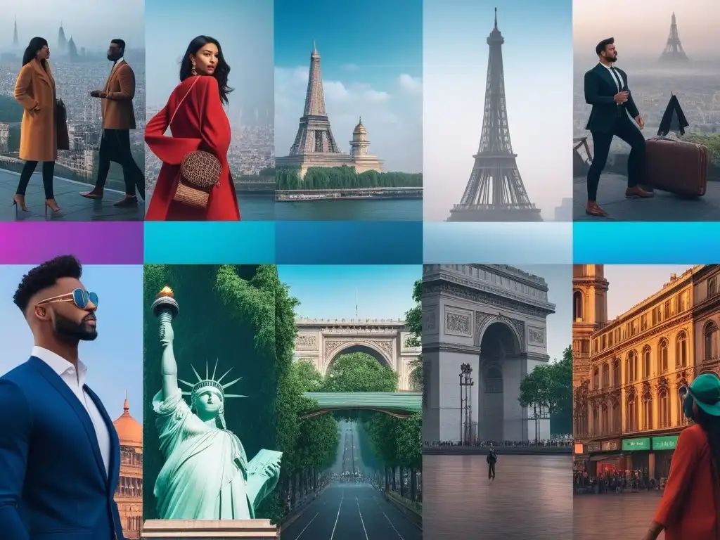 Explorando la belleza: rutinas de skincare alrededor del mundo Viajeras diversas realizando rutinas de cuidado de la piel en icónicos paisajes urbanos, transmitiendo confianza y luminosidad