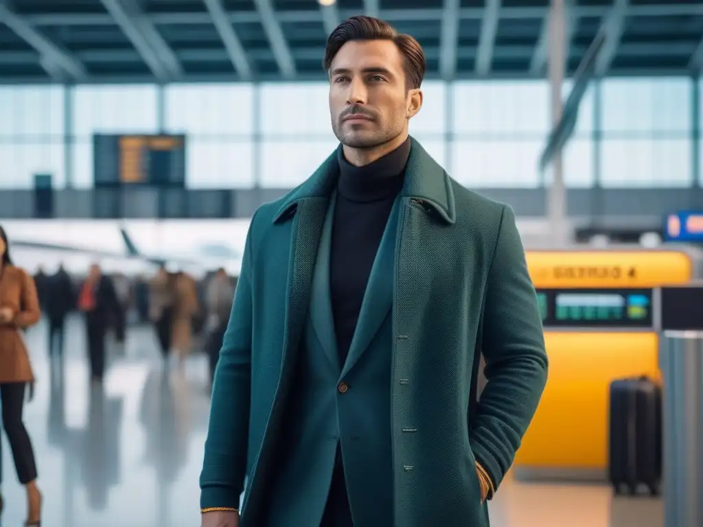 Viajero elegante en aeropuerto: estilo y comodidad para altos Un viajero alto y elegante en un aeropuerto, destacando entre la multitud con estilo y comodidad