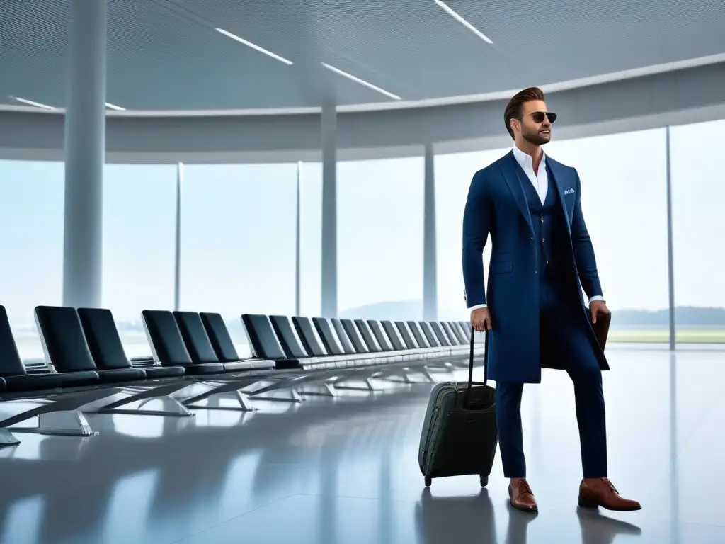Viaje con estilo: Altura, elegancia y confianza en el aeropuerto Un viajero alto y elegante en un aeropuerto, con estilo y confianza
