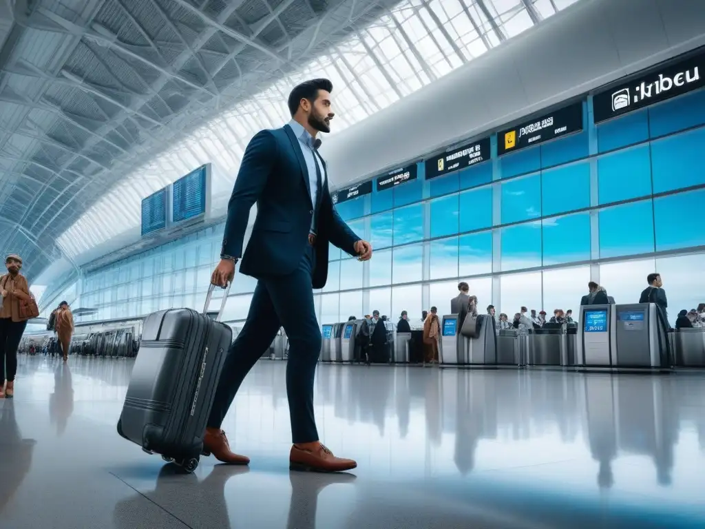 Viaja con estilo: maleta moderna para personas altas en aeropuerto Un viajero alto y elegante manejando con estilo su equipaje para personas altas en un bullicioso aeropuerto