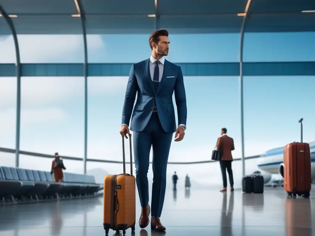 Viajero alto y elegante lista para la aventura en aeropuerto dinámico Un viajero alto y elegante listo para la aventura en un aeropuerto bullicioso