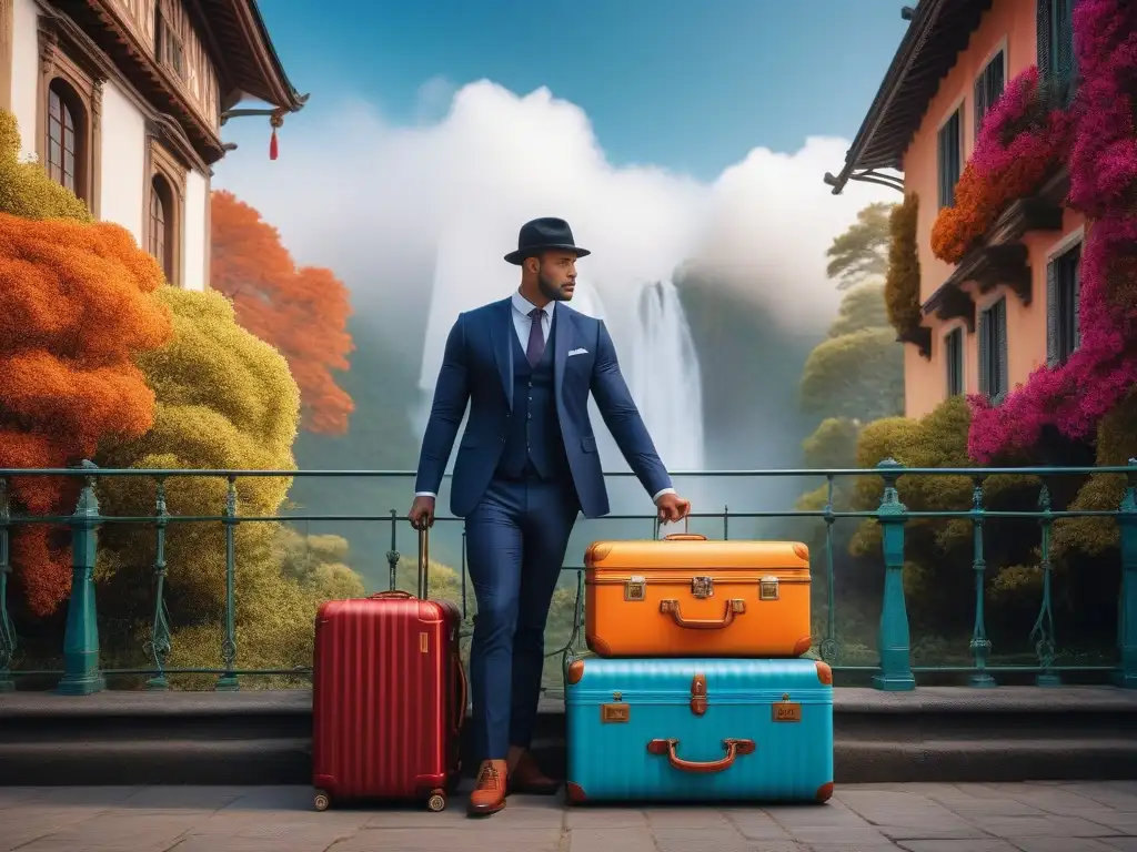 Viajera moderna: maletas estacionales y estilo versátil Un viajero chic frente a maletas de colores representando estaciones, preparándose para un viaje
