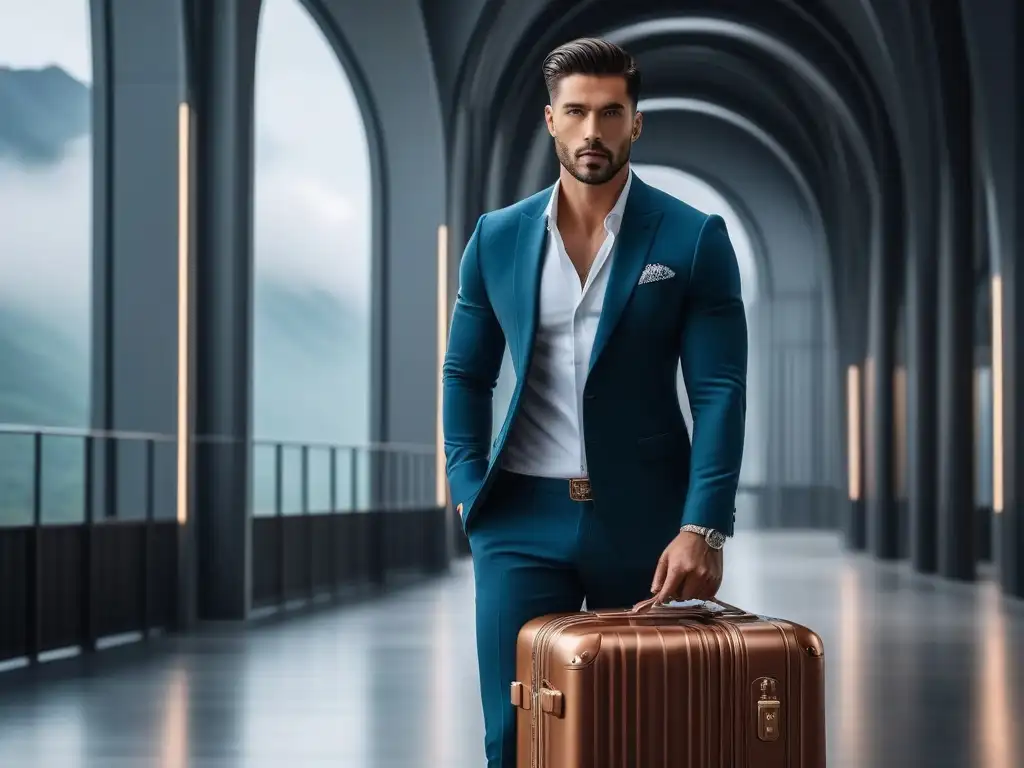 Elegante viajero con lujoso equipaje, fusión de moda y lujo Un viajero elegante combina su atuendo con un lujoso juego de equipaje, en un entorno moderno y sofisticado