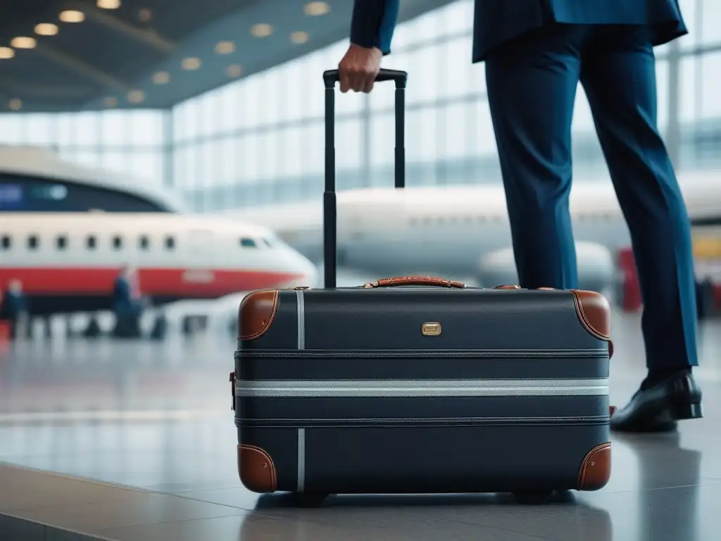 Maleta de lujo ergonómica en aeropuerto Viajero elegante, manejando con gracia una maleta de lujo ergonómica en un bullicioso aeropuerto
