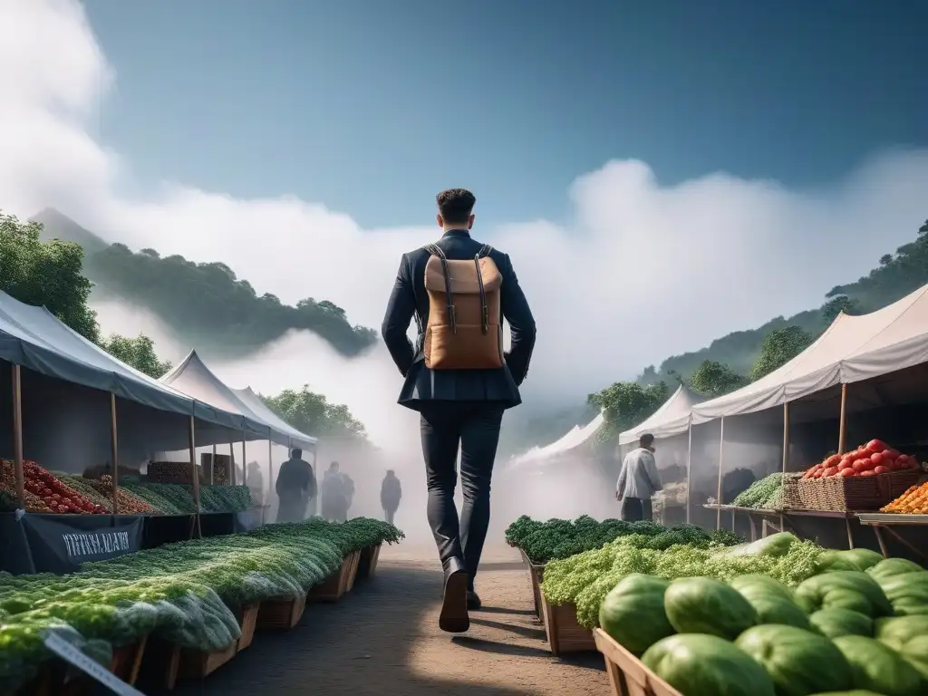 Explorador sostenible en mercado eco chic Un viajero elegante en un mercado ecofriendly llevando una mochila de moda sostenible