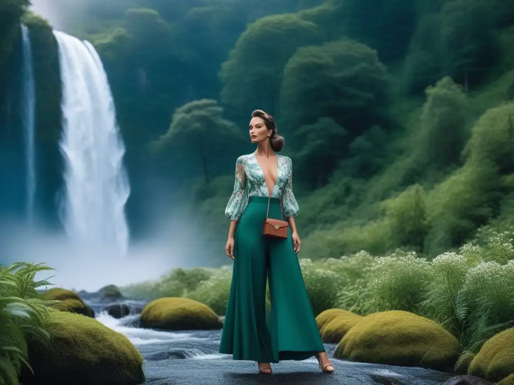Viajero ecoconsciente: moda sostenible en paisaje natural Un viajero elegante en moda sostenible frente a un paisaje natural impresionante