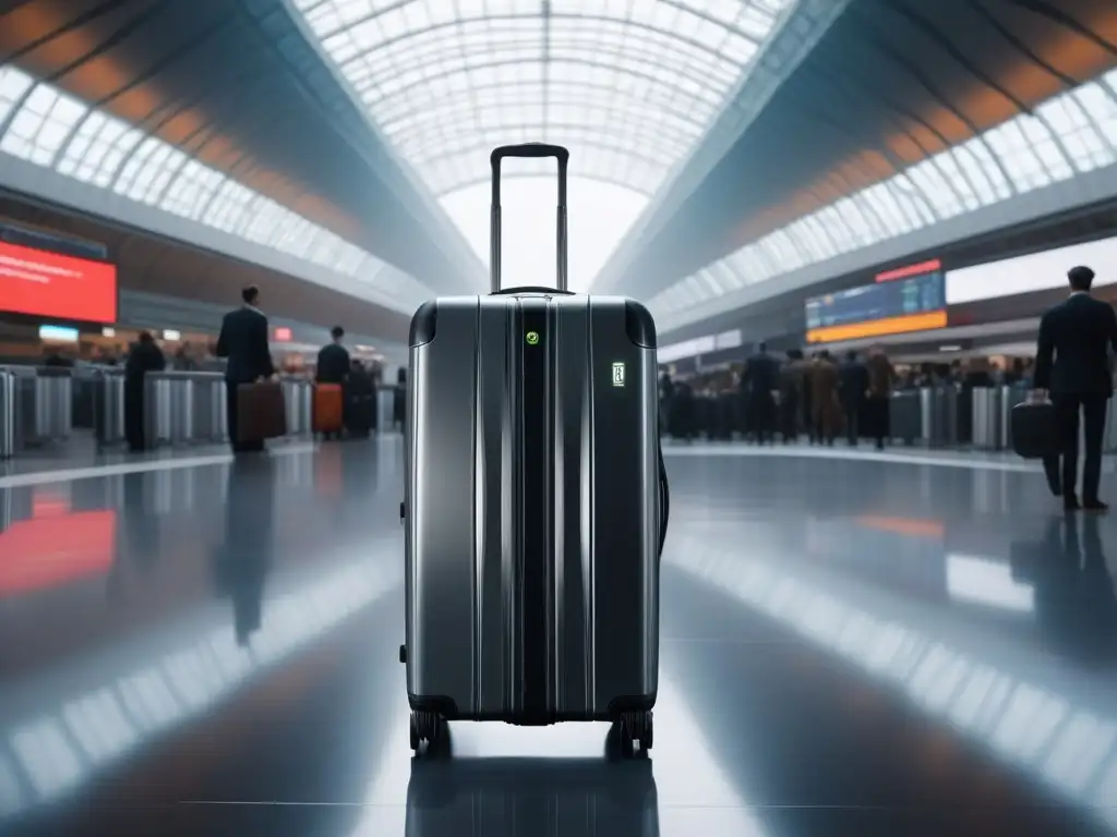 Maleta inteligente futurista en aeropuerto moderno Un viajero elegante desplaza un moderno equipaje ultratecnológico por un bullicioso aeropuerto