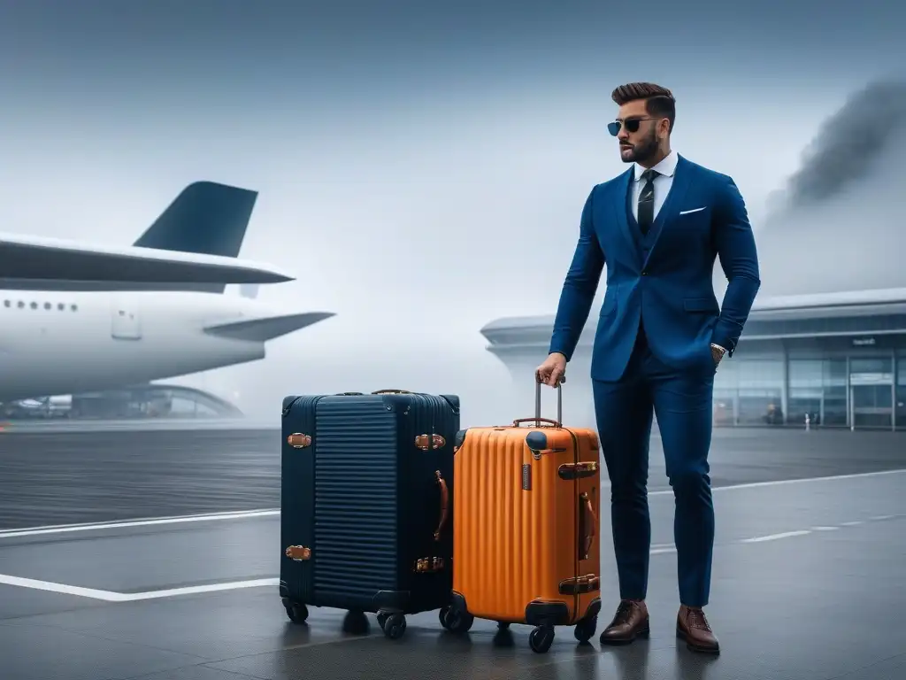 Viajero seguro: lujo y confianza en aeropuerto Un viajero seguro de sí mismo en el aeropuerto con equipaje de lujo, reflejando autoestima y sofisticación