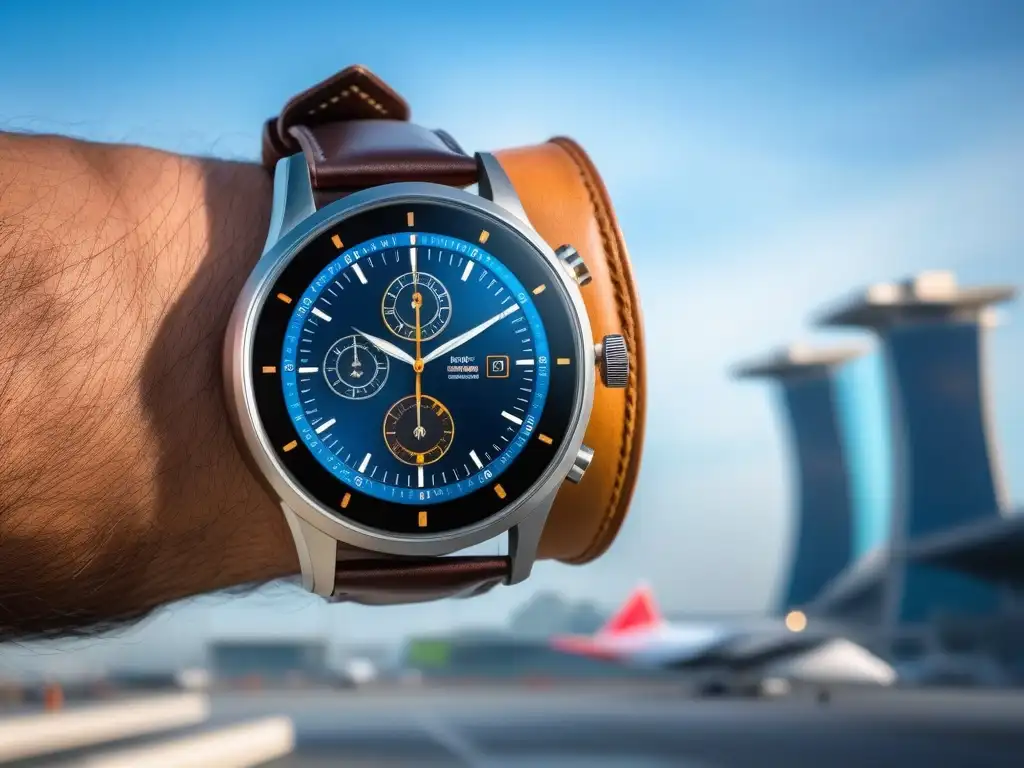 Smartwatch de lujo para viajeros en aeropuerto Viajero con un smartwatch elegante, mostrando múltiples zonas horarias en un bullicioso aeropuerto