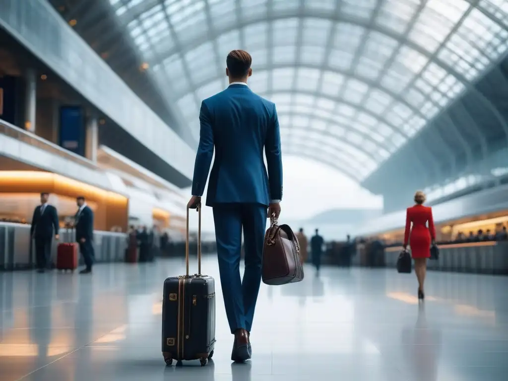 Viajero sofisticado con estilo y lujo en aeropuerto chic Un viajero sofisticado en un elegante aeropuerto, combinando moda y lujo