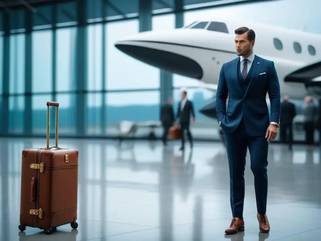Viajero elegante en lounge de aeropuerto con maleta de lujo Un viajero sofisticado en una elegante sala de aeropuerto, combinando moda y viaje con estilo y confianza