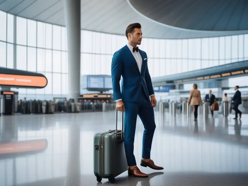 Elegante viajero en el aeropuerto moderno Un viajero sofisticado navegando con estilo por un aeropuerto, llevando equipaje de mano y una bolsa de viaje de diseñador