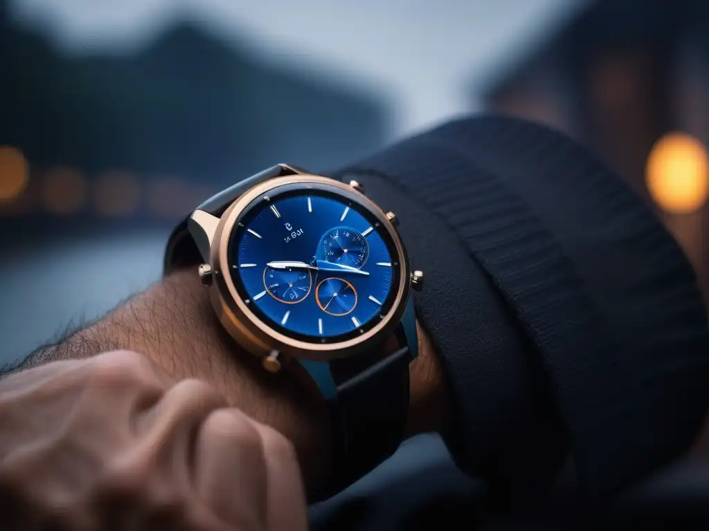 Smartwatch futurista de lujo en muñeca viajera Wearables premium para viajeros: Detalle del diseño elegante y avanzado de un smartwatch futurista en la muñeca de un viajero