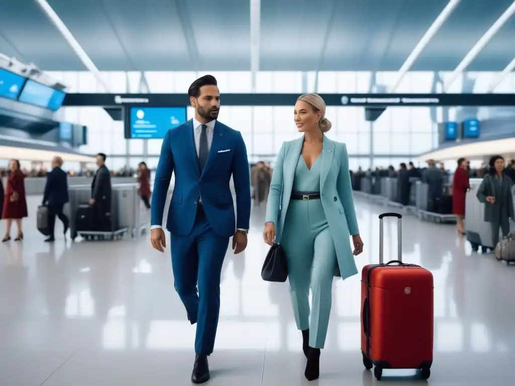 Viajeros empoderados con moda adaptativa en aeropuerto futurista Viajeros en moda adaptativa, seguros y modernos en aeropuerto futurista