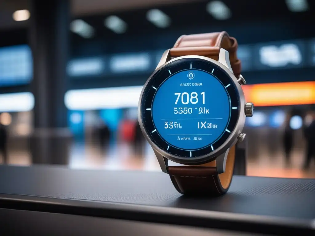 Reloj inteligente de lujo en aeropuerto Wearables premium para viajeros: Reloj inteligente moderno en terminal aeroportuaria, integrando tecnología y moda