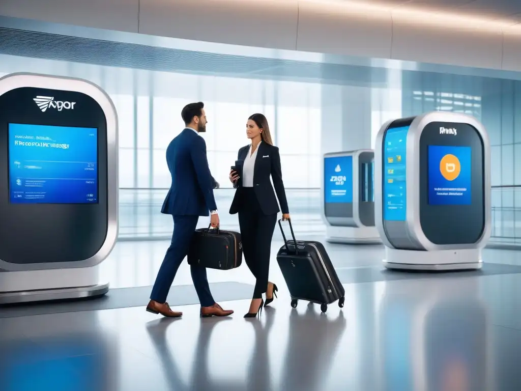 Escena aeroportuaria futurista: viajes inteligentes y lujo Mejorar viajes con equipaje inteligente: Aeropuerto futurista con pasajeros usando tecnología avanzada para viajar con comodidad y eficiencia