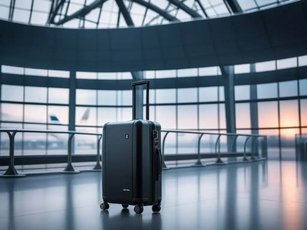 Maleta inteligente futurista en aeropuerto Mejora tus viajes con equipaje inteligente: maleta futurista en aeropuerto bullicioso