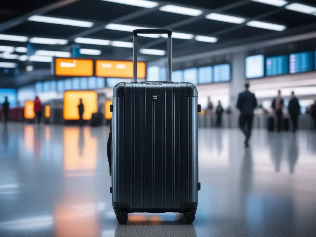 Maleta inteligente con GPS y pantalla digital en aeropuerto Mejorar viajes con equipaje inteligente: Maleta moderna con GPS, candado digital y pantalla, en bullicioso aeropuerto