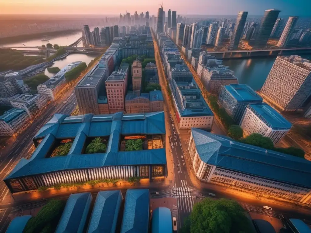 Vibrante ciudad al atardecer: luces, gente y naturaleza en armonía Un vibrante atardecer urbano con diversidad de estilos de viaje para todos