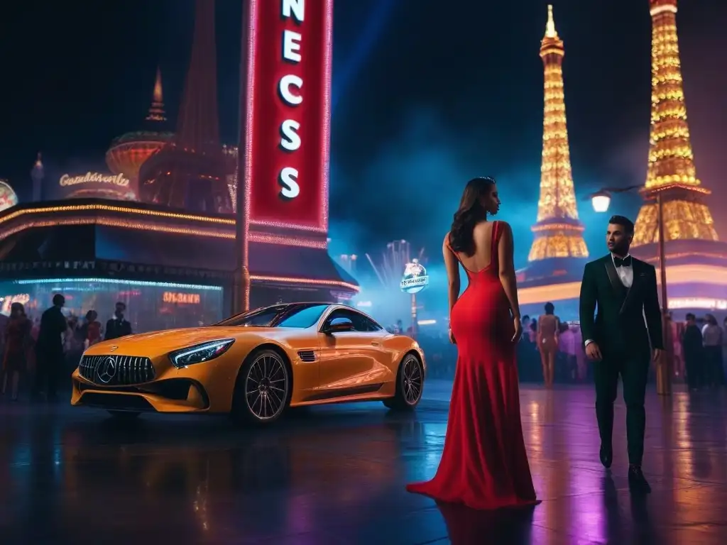 Deslumbrante moda nocturna en Las Vegas: inclusiva y vibrante Una vibrante y bulliciosa franja de Las Vegas de noche, con vallas publicitarias de moda iluminadas por neón y modelos de todas las tallas
