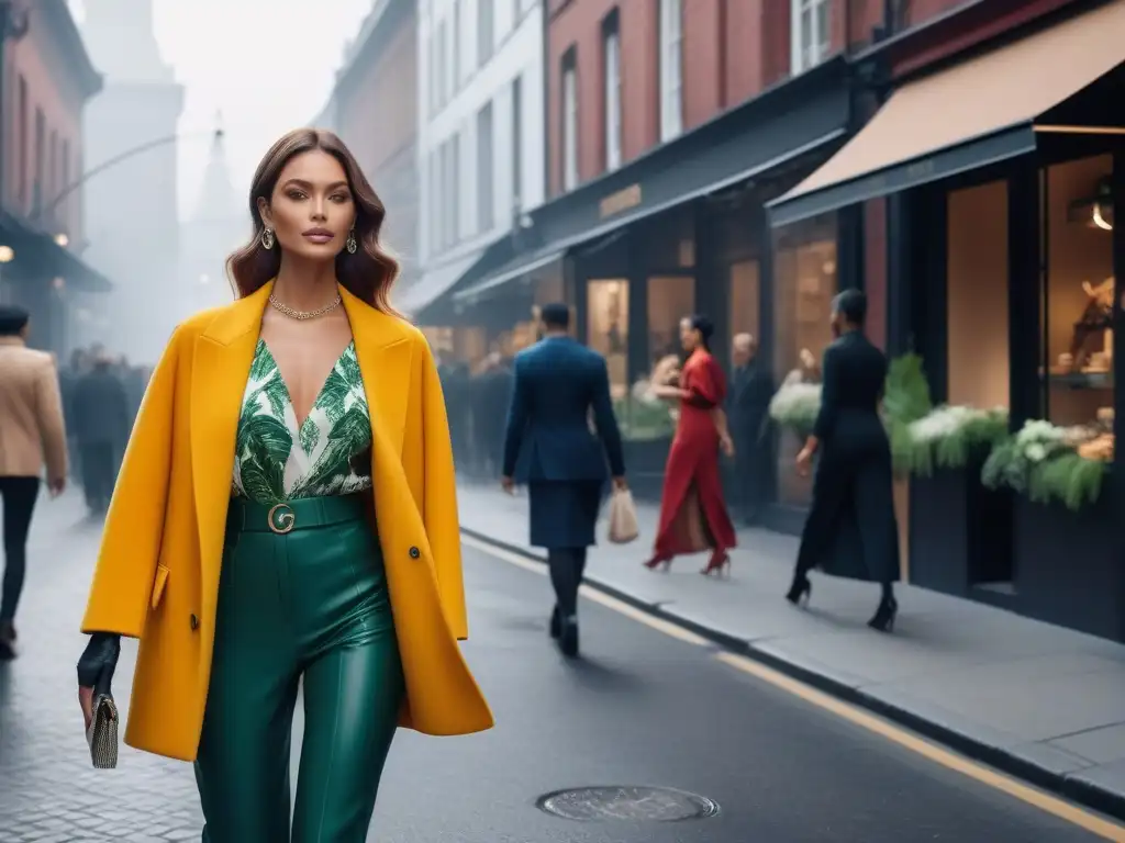 Moda sostenible y sofisticada en city street eco-friendly Una vibrante calle de la ciudad con boutiques de moda sostenible, shoppers elegantes y conscientes del medio ambiente