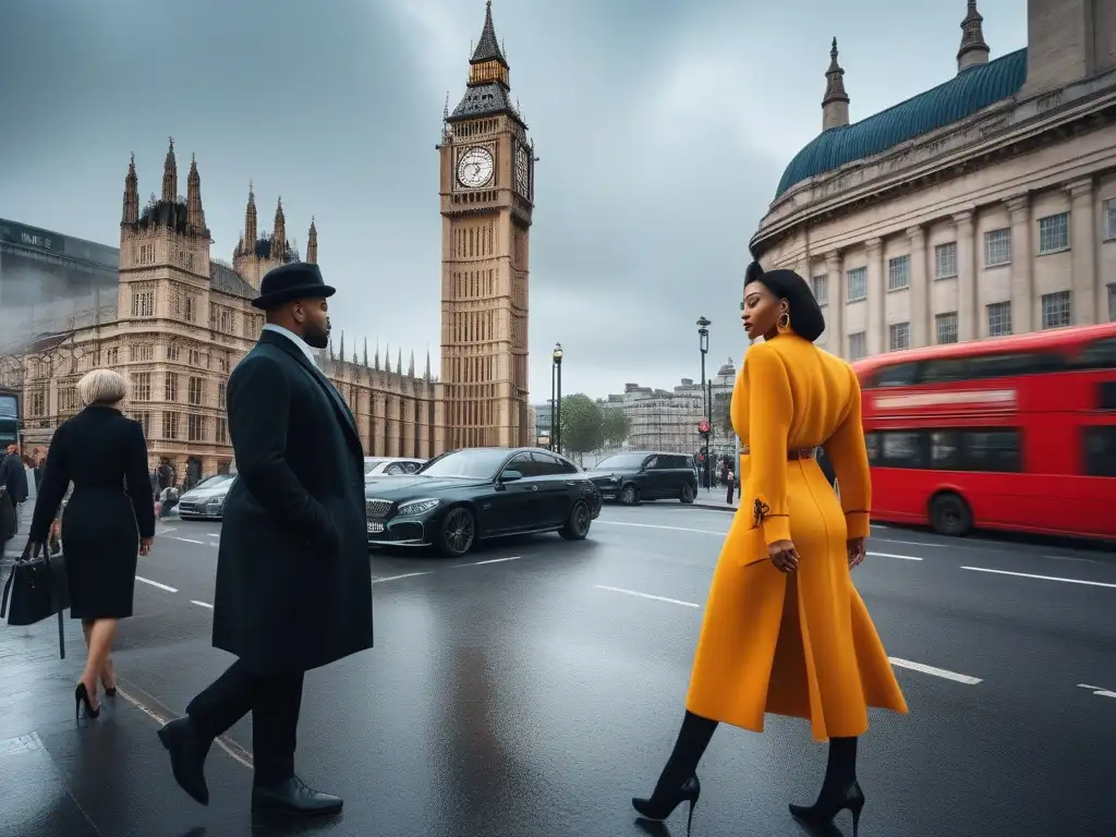Moda diversa en las calles de Londres: vibrante y cosmopolita Una vibrante calle londinense llena de diversidad y moda, con icónicos monumentos de fondo