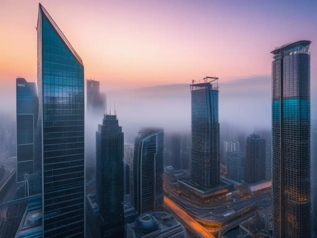 Vibrante ciudad al anochecer: skyline moderno iluminado Vibrante ciudad al anochecer, con rascacielos iluminados
