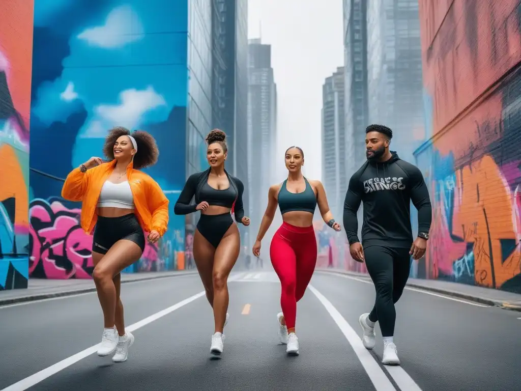 Baile inclusivo: diversidad y energía en moda deportiva Una vibrante danza urbana con diversidad de cuerpos y estilos en moda deportiva para todos, entre grafitis y rascacielos