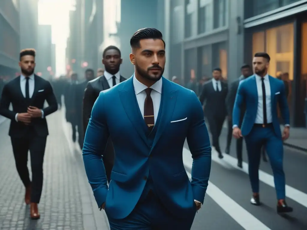 Desfile de moda inclusiva en la ciudad al atardecer Un vibrante desfile de moda masculina inclusiva en eventos formales, reflejando diversidad y estilo en la ciudad al atardecer