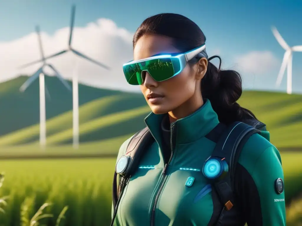 Eco-Moda Futurista: Estilo Sostenible y Tecnología Verde Una ilustración vibrante y detallada de wearables sostenibles para moda diversa en un entorno tecnológico y sostenible