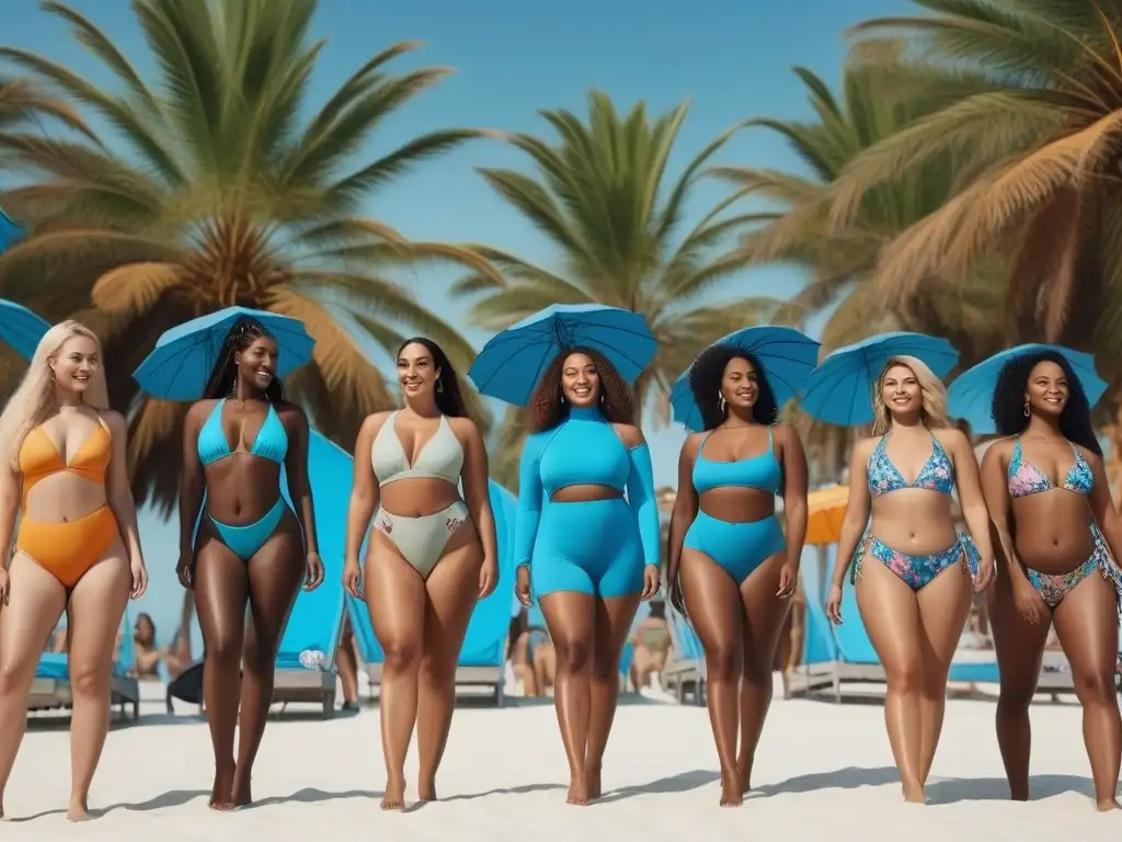 Playa inclusiva: diversidad y felicidad en 8k Un vibrante día de verano en la playa con gente diversa disfrutando felices, luciendo ropa de baño inclusiva