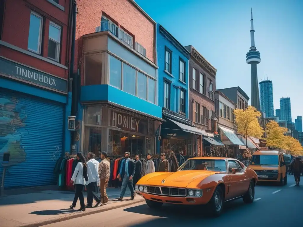 Toronto multicultural: moda y diversidad en la ciudad Un vibrante distrito de moda en Toronto, Canadá, donde la diversidad y la inclusividad se reflejan en las calles llenas de estilo y color