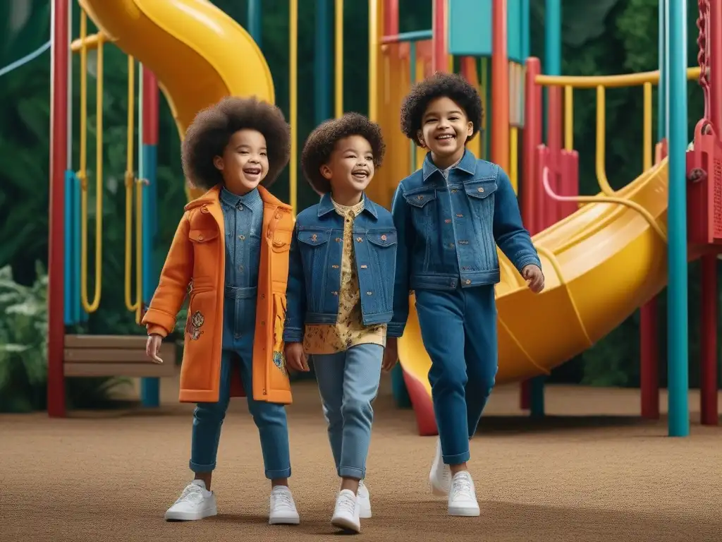 Niños felices y diversos en un parque inclusivo con moda trendy Un vibrante y diverso grupo de niños juega alegremente en un parque inclusivo, vistiendo moda inclusiva de una marca certificada