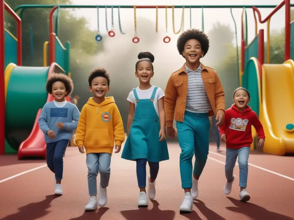 Playground inclusivo: niños diversos disfrutan juntos Un vibrante y diverso grupo de niños juega alegremente en un parque inclusivo, reflejando la moda infantil inclusiva y diversa