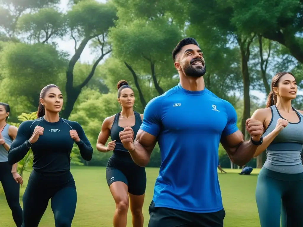 Entrenamiento al aire libre: diversidad, energía y motivación Un vibrante entrenamiento al aire libre con entrenadores variados y motivados, rodeados de naturaleza, transmitiendo inclusividad y motivación