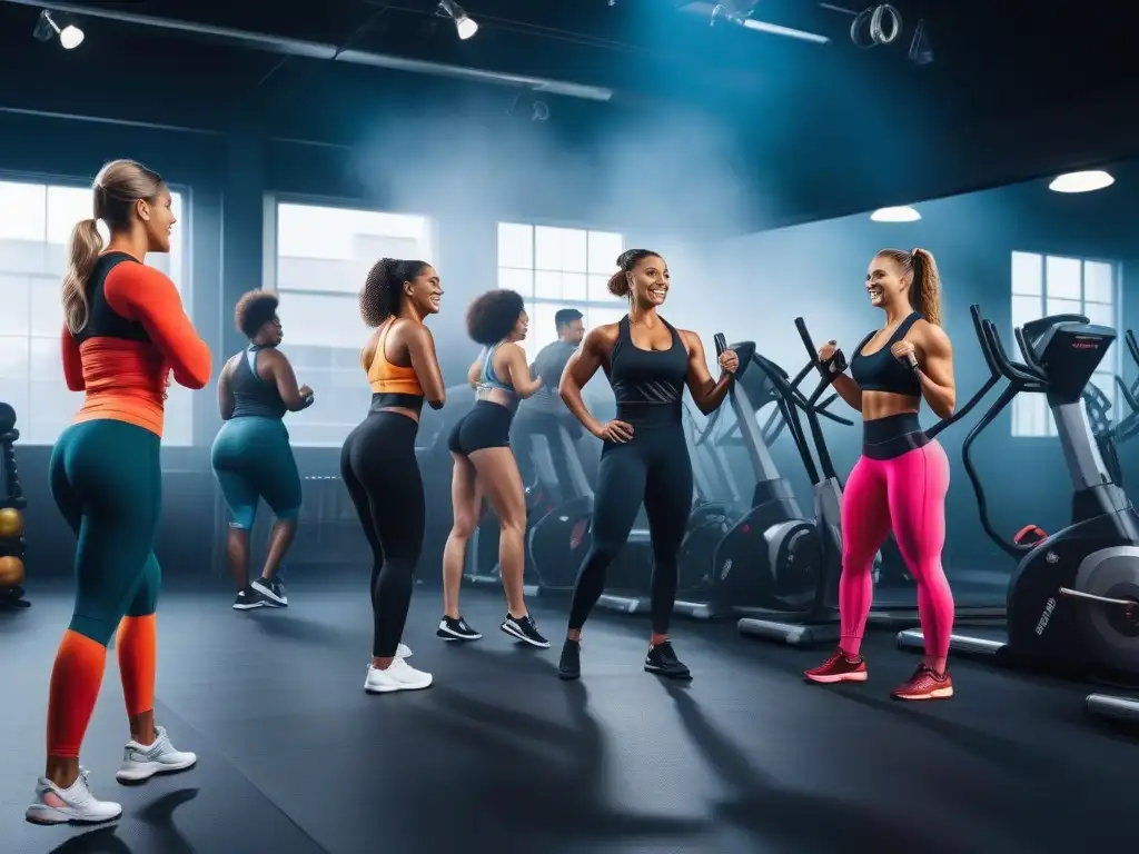 Clase de fitness inclusiva llena de energía y diversidad Un vibrante entrenamiento grupal inclusivo para todos cuerpos en un gimnasio moderno lleno de energía y diversidad