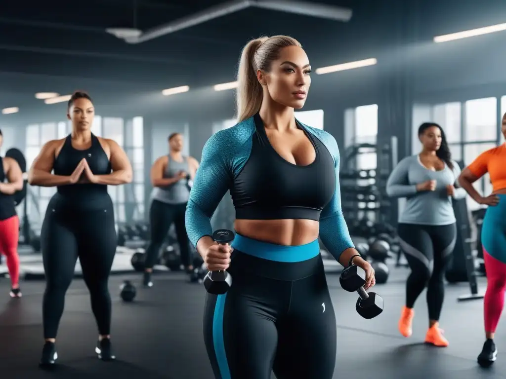 Entrenamiento inclusivo y empoderador en un gimnasio moderno Un vibrante entrenamiento plus size inclusivo y efectivo en un gimnasio moderno