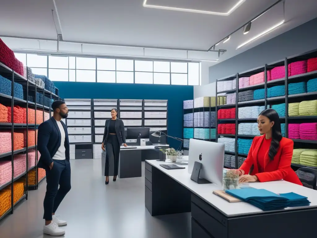 Equipo diverso de diseñadores y logísticos en oficina de moda moderna Un vibrante equipo de diseñadores de moda y profesionales de logística trabajando juntos en un espacio moderno y elegante lleno de muestras de ropa colorida y cajas de envío organizadas
