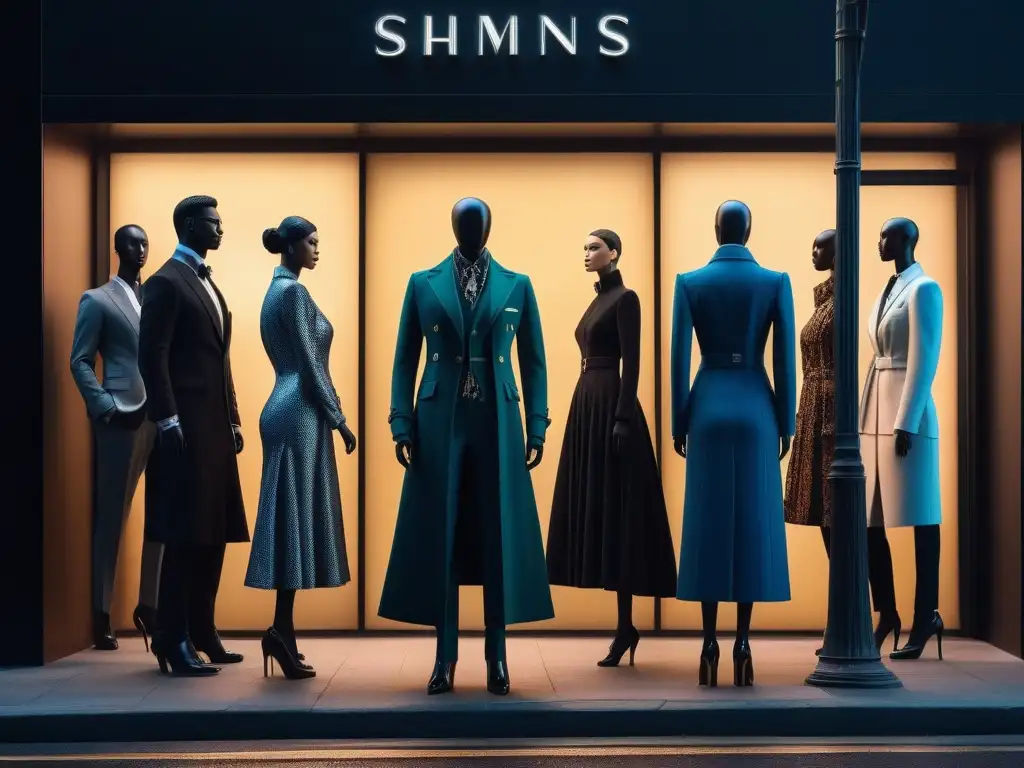 Vitrina de marca de moda: innovación y diversidad en crisis Vibrante escaparate de marca de moda con maniquíes y multitud admirando, simbolizando innovación y manejo de crisis en moda