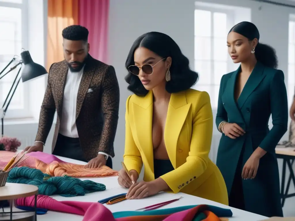 Diseñadores de moda creando juntos: moda inclusiva y diversa Vibrante escena de diseñadores de moda diversos trabajando juntos en un estudio moderno, rodeados de colores y creatividad