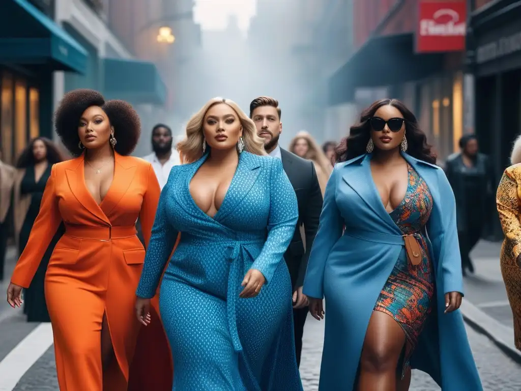 Influencers de moda plus size desfilando con confianza en la ciudad Una vibrante escena de empoderamiento y diversidad en la moda plus size, con influencers desfilando con estilo único en la ciudad