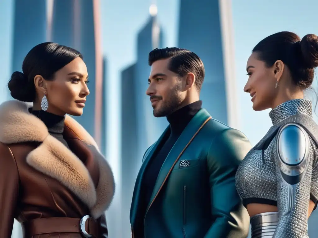 Grupo diverso en paisaje urbano futurista con wearables premium Una vibrante escena de moda inclusiva para todos los cuerpos en un paisaje urbano futurista con tecnología de punta y diversidad