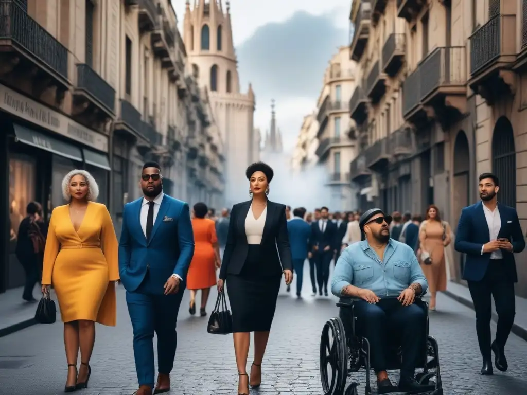Una vibrante escena de moda inclusiva en Barcelona, donde personas diversas caminan con confianza por la bulliciosa calle