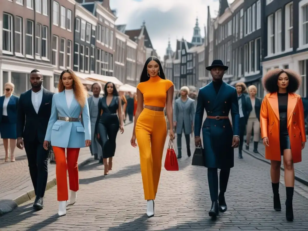Moda inclusiva en Ámsterdam: diversidad y estilo en las calles Una vibrante escena de moda inclusiva en Ámsterdam, donde modelos diversos desfilan con confianza por las calles