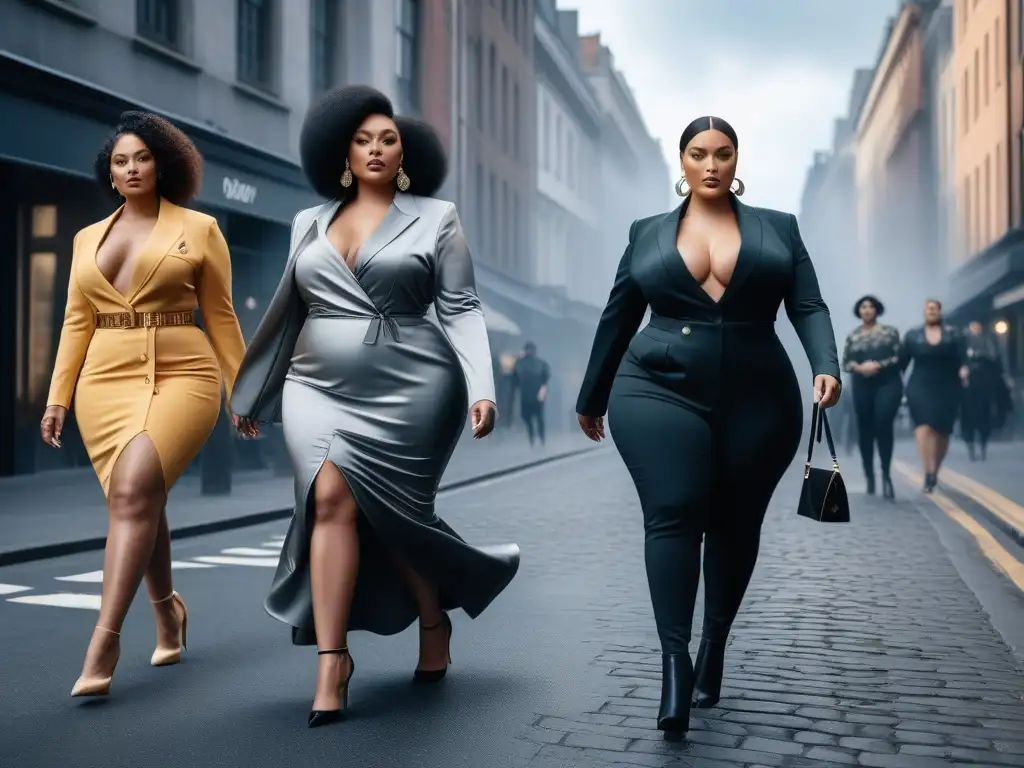 Desfile de moda plus size: estilo y confianza en la ciudad Una vibrante escena de modelos plus size desfilando con confianza por la ciudad luciendo ropa de lujo accesible