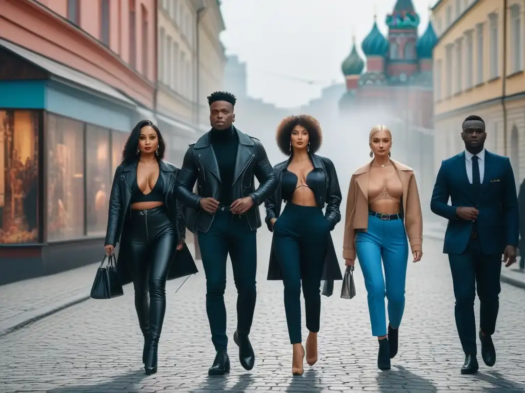 Moda inclusiva en Moscú: diversidad y estilo en la ciudad Una vibrante escena en Moscú muestra modelos diversos luciendo moda inclusiva mientras caminan por la bulliciosa calle