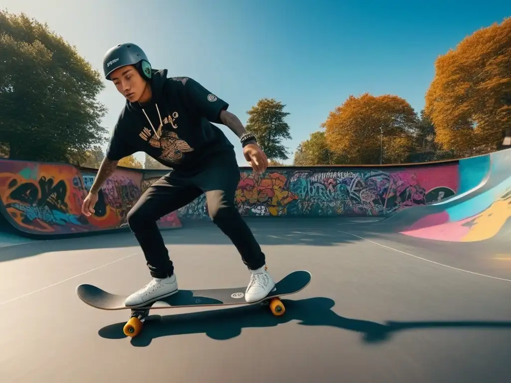 Skateboarders diversos en acción creativa y inclusiva Una vibrante escena en un skatepark con skaters de diversas edades, géneros y etnias luciendo moda inclusiva para skateboarding