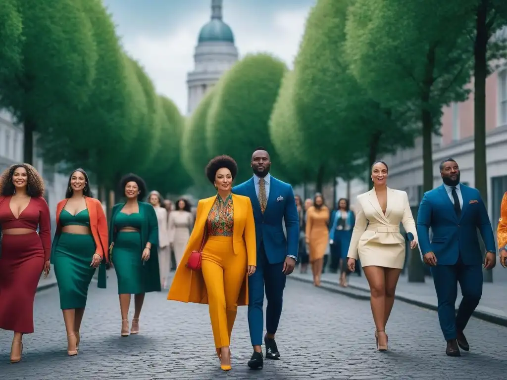 Moda inclusiva: diversidad y felicidad en la ciudad Una vibrante escena urbana con diversidad de estilos y personas felices, destacando la moda inclusiva para salud mental